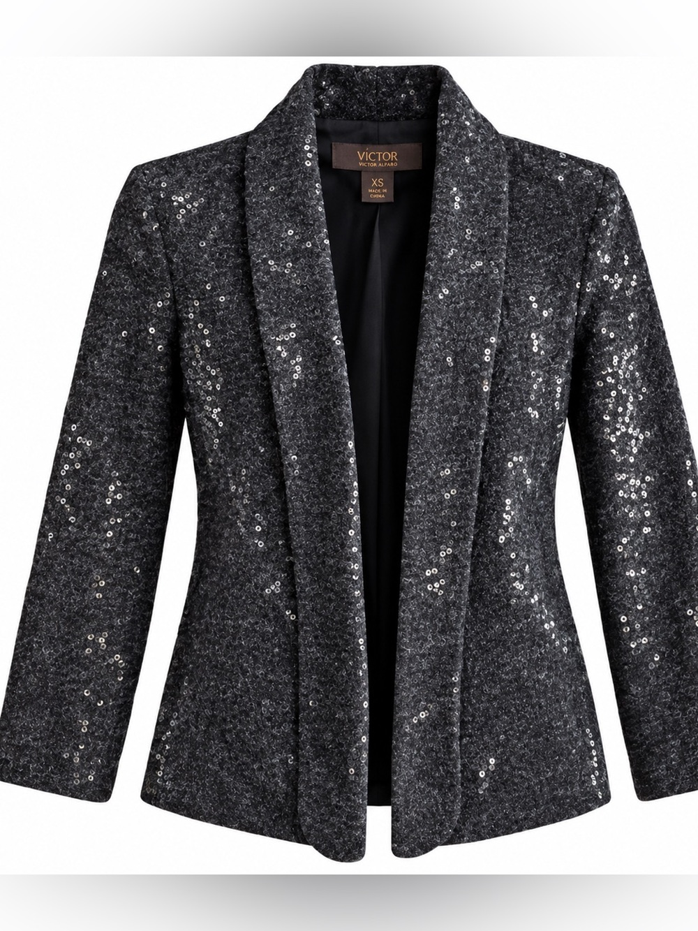 Victor Alfaro Black Sequin Blazer Jacket XS Open Front Evening Party